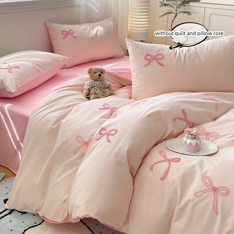 3pcs Embroidered Bow Bedding Including Duvet Cover And Pillowcases, Duvet Cover with Zipper for Easy Washing, Comfortable And Soft Breathable Fabric, Suitable for All Seasons - Image 4