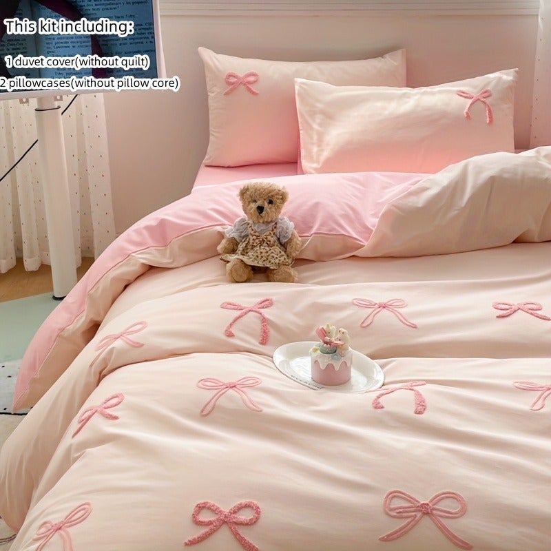3pcs Embroidered Bow Bedding Including Duvet Cover And Pillowcases, Duvet Cover with Zipper for Easy Washing, Comfortable And Soft Breathable Fabric, Suitable for All Seasons - Image 2