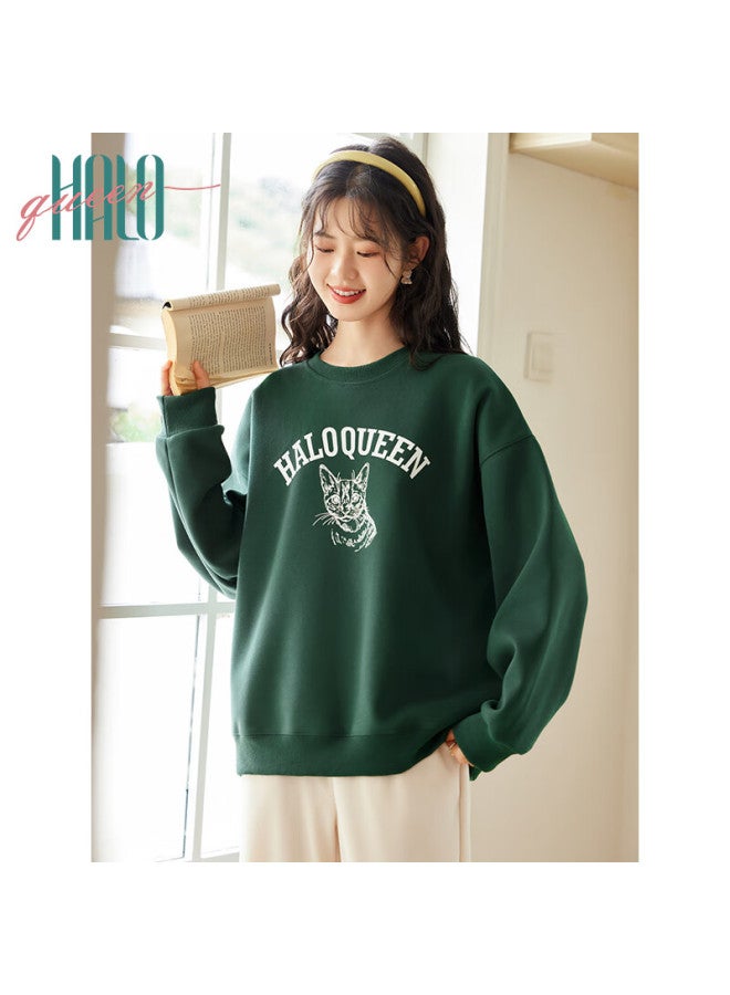HALOQUEEN Halo Queen Fleece-lined Sweatshirt Women Autumn Winter Crewneck Sketch Cute Cat Trendy Loose Pullover H44w005 - Image 1