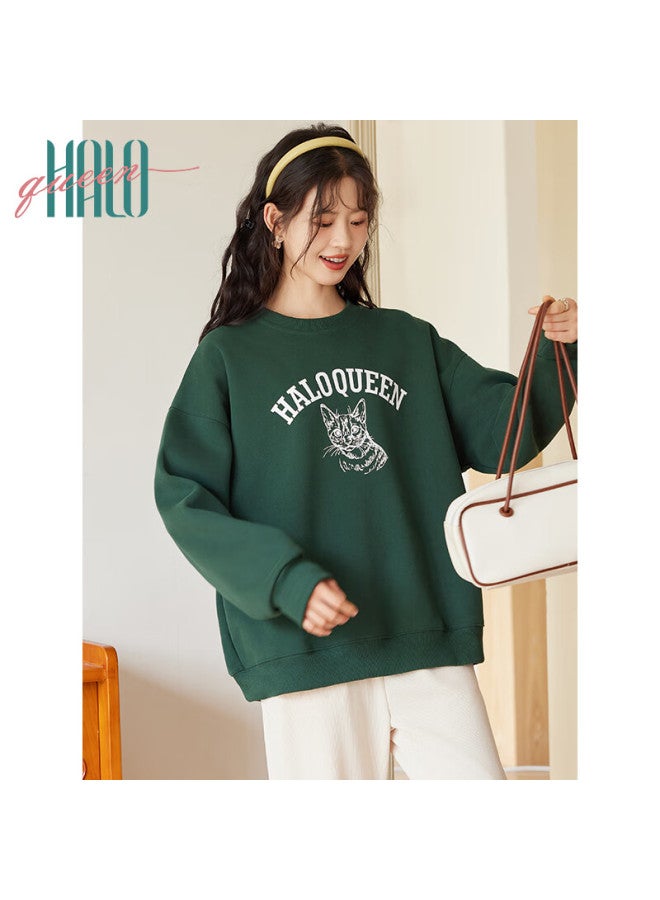 HALOQUEEN Halo Queen Fleece-lined Sweatshirt Women Autumn Winter Crewneck Sketch Cute Cat Trendy Loose Pullover H44w005 - Image 2