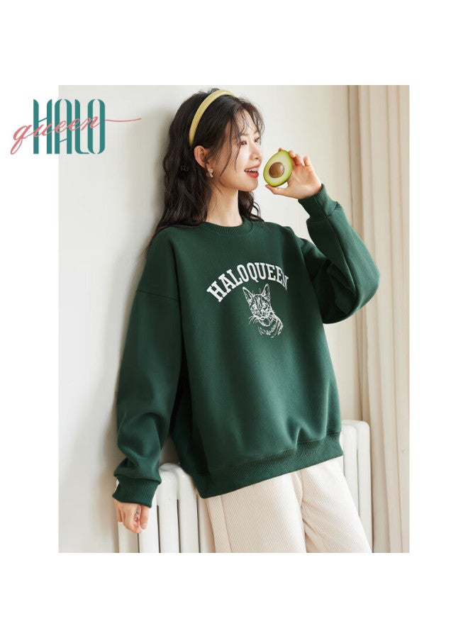 HALOQUEEN Halo Queen Fleece-lined Sweatshirt Women Autumn Winter Crewneck Sketch Cute Cat Trendy Loose Pullover H44w005 - Image 4