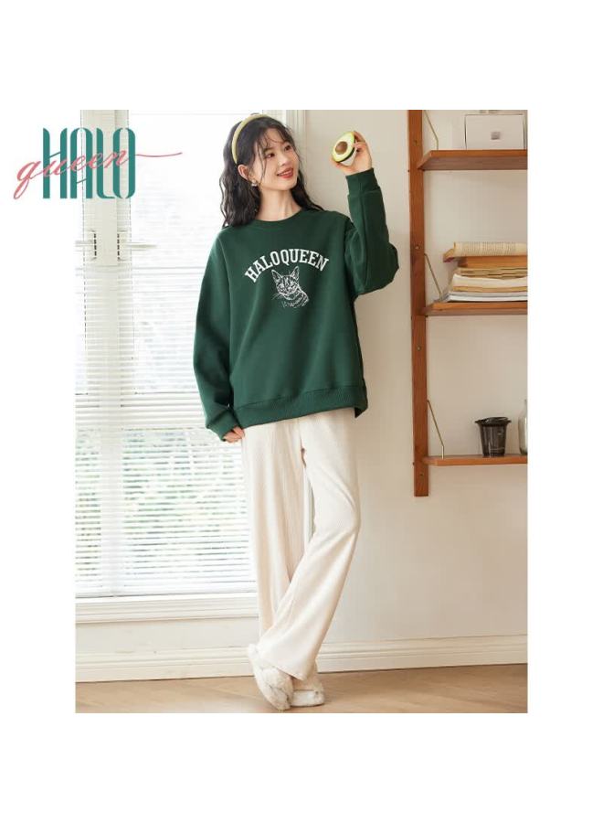 HALOQUEEN Halo Queen Fleece-lined Sweatshirt Women Autumn Winter Crewneck Sketch Cute Cat Trendy Loose Pullover H44w005 - Image 3