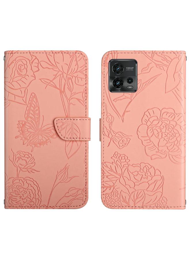 erorex Case For Motorola Moto G72 4G HT03 Skin Feel Butterfly Embossed Flip Leather Phone Case - Image 1
