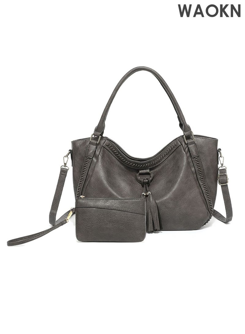 دبليو أيه أو كي أن حقائب كتف كبيرة، مجموعة حقائب يد نسائية ورجالية، حقائب يد وحقائب كتف من جلد البولي يوريثان، حقيبة يد كبيرة مقاومة للماء، للجنسين، حقيبة يد بسعة تخزين كبيرة، حقيبة كروس بودي، لون رمادي. - Image 1