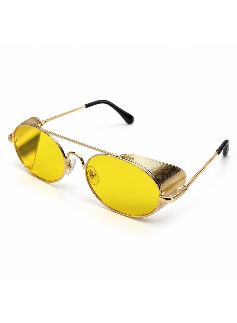 SG168 Gold Oval Sunglasses with Yellow Lenses and Side Shields - Image 1