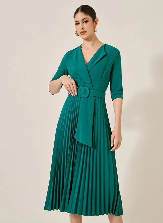 Styli Pleated Belted Dress