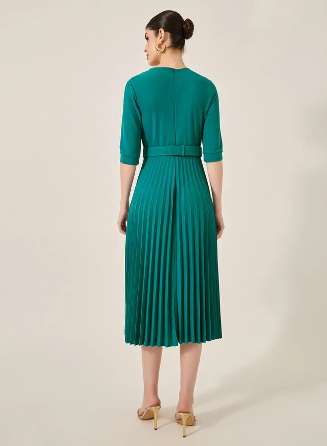 Styli Pleated Belted Dress