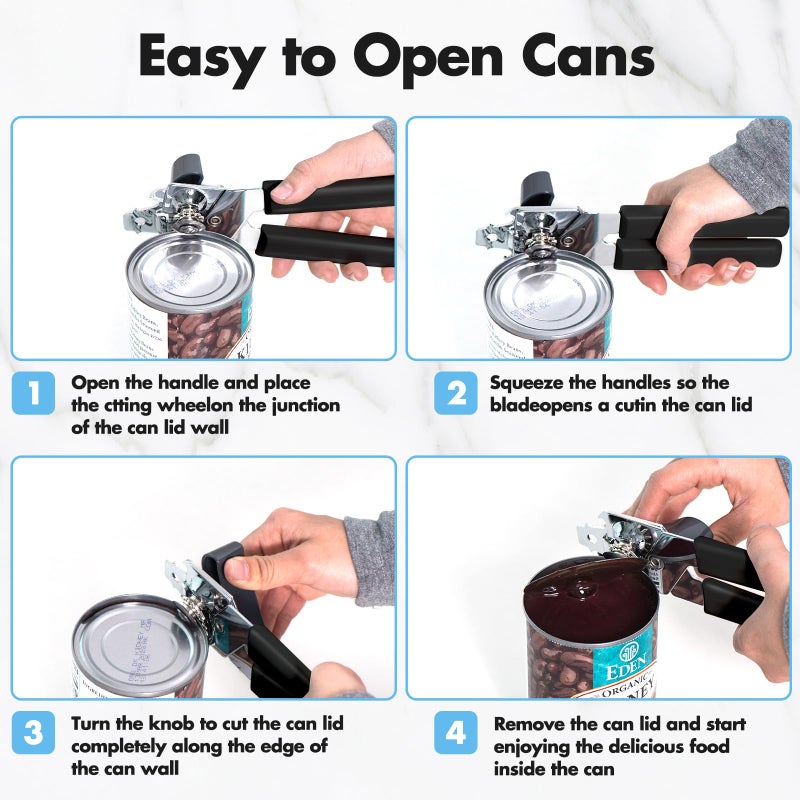 COKORA Can Opener Manual, COKORA Can Openers Hand Held with Comfort Anti-Slip Handles, Heavy Duty Stainless Steel Can Opener Smooth Edge and Bottle Openers, Easy Turn Can Openers for Seniors, Kitchen, Black - Image 3