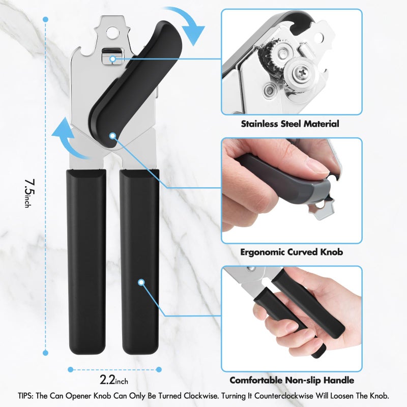 COKORA Can Opener Manual, COKORA Can Openers Hand Held with Comfort Anti-Slip Handles, Heavy Duty Stainless Steel Can Opener Smooth Edge and Bottle Openers, Easy Turn Can Openers for Seniors, Kitchen, Black - Image 2