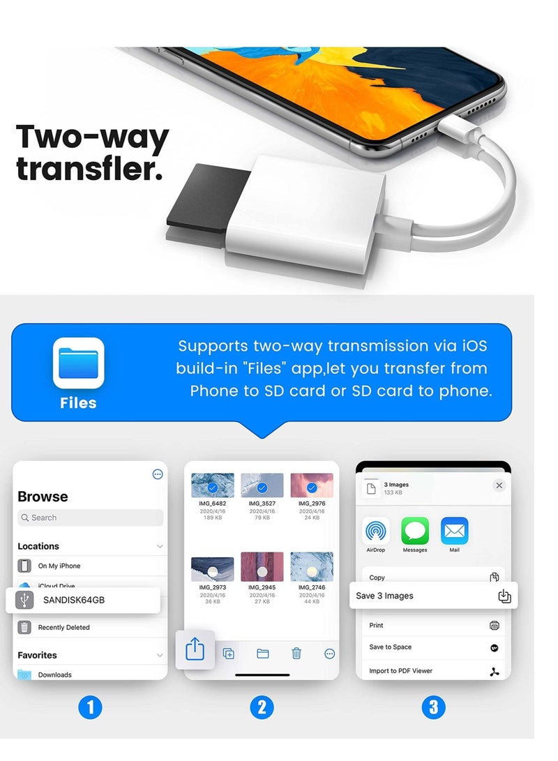 Captaintech SD Card Reader for iPhone iPad Micro SD Card Reader with Dual Slots Compatible with iPhone Trail Camera Viewer Reader Plug and Play White - Image 3