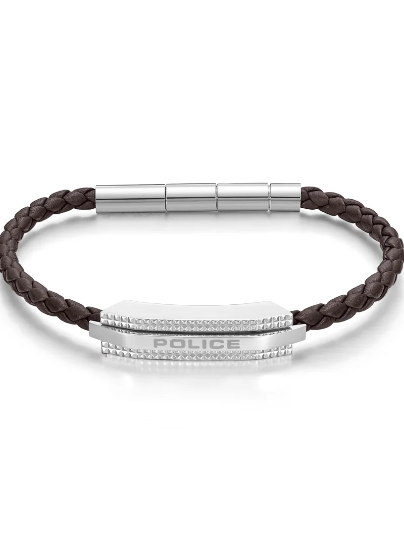 POLICE Police Gripcord Brown Leather Stainless Steel Gents Bracelet