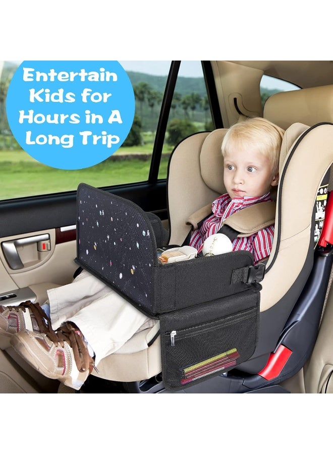 MENZOKE Kids Travel Tray, Travel Tray for Kids Car Seat with Educational Drawing Board, Tablet Holder & Cooler Cup Holder, Portable Road Trip Essentials Child's Gifts for Car Trip, Airplane, Black - Image 2