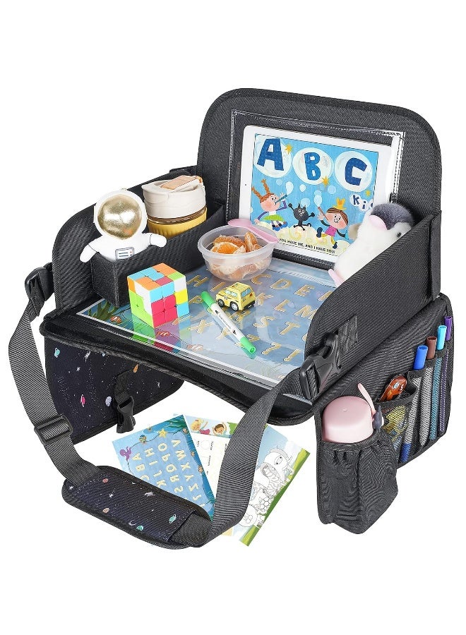 MENZOKE Kids Travel Tray, Travel Tray for Kids Car Seat with Educational Drawing Board, Tablet Holder & Cooler Cup Holder, Portable Road Trip Essentials Child's Gifts for Car Trip, Airplane, Black - Image 1