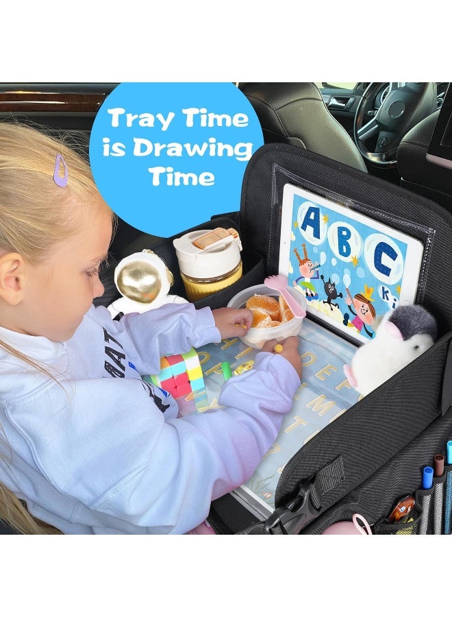 MENZOKE Kids Travel Tray, Travel Tray for Kids Car Seat with Educational Drawing Board, Tablet Holder & Cooler Cup Holder, Portable Road Trip Essentials Child's Gifts for Car Trip, Airplane, Black - Image 3