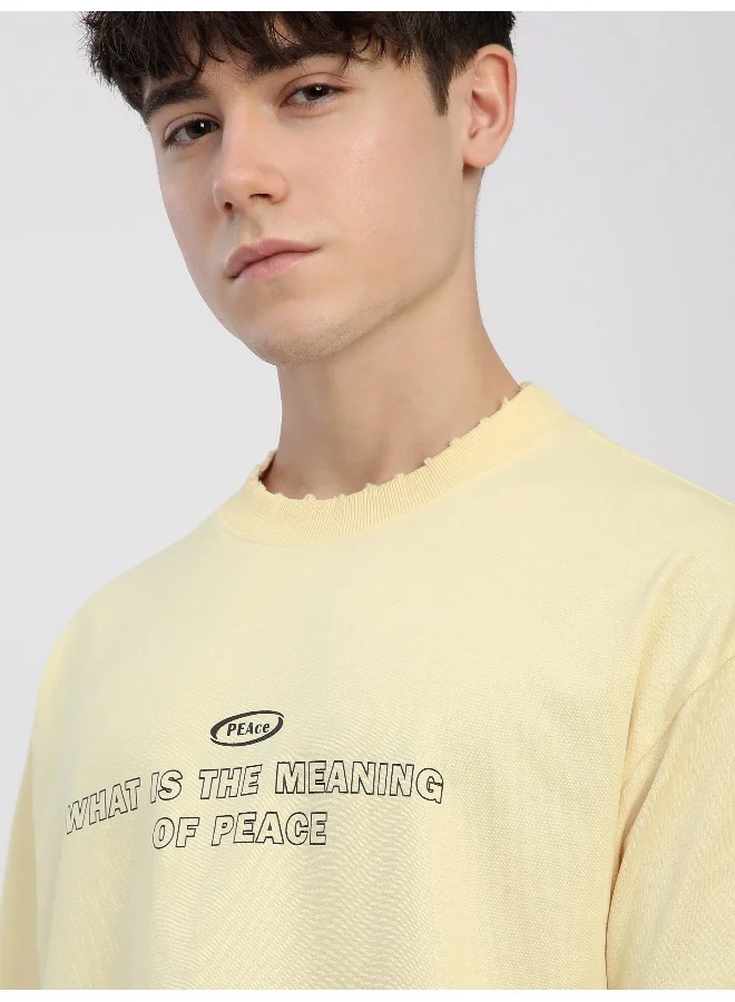 Beyoung Off White Peace Printed Ribbed Edge Oversized T-Shirt