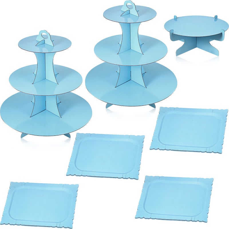 Zopeal 7 Pieces Cake Stand Set 3Tier Cardboard Cupcake Stand 1Tier Cupcake Display Round Rectangle Serving Tray Reusable Platters Cupcake Holders for Desserts Birthday PartySky Blue