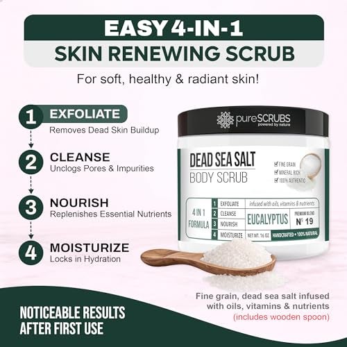 pureSCRUBS Premium Eucalyptus Body Scrub Set - Large 16oz Dead Sea Salt Body Scrub With Infused Essential Oils & Nutrients, Includes Wooden Spoon, Loofah & Oatmeal Exfoliating Bar Soap - Image 3