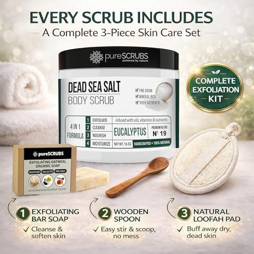 pureSCRUBS Premium Eucalyptus Body Scrub Set - Large 16oz Dead Sea Salt Body Scrub With Infused Essential Oils & Nutrients, Includes Wooden Spoon, Loofah & Oatmeal Exfoliating Bar Soap - Image 5