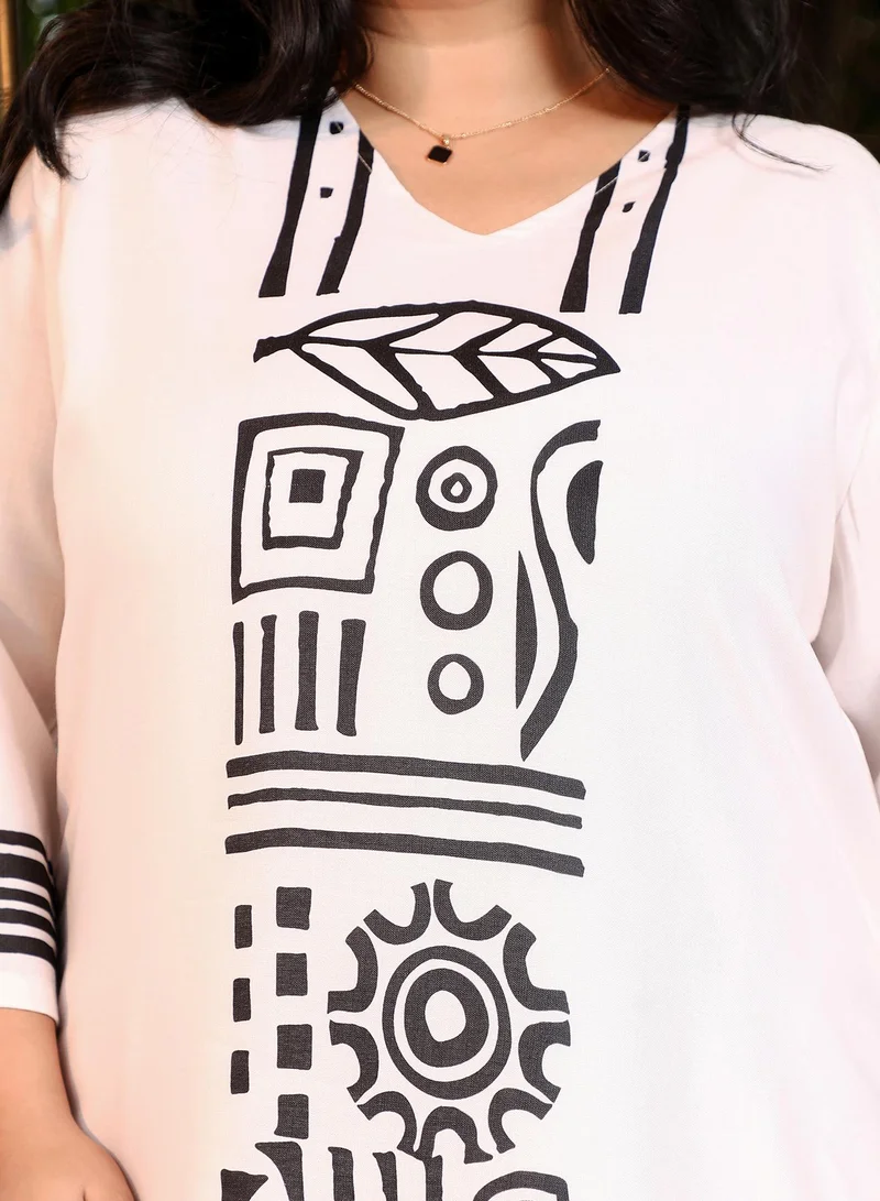 Instafab Plus  Instafab Plus Women's Daisy White & Onyx Black Indie Lines Kurta Set For Ethnic Wear | Round Neck, Quarter Regular Sleeves | Indie Print Plain Fabric | 2 Piece Kurta Set For Casual & Daily Wear for Women | Best Price UAE