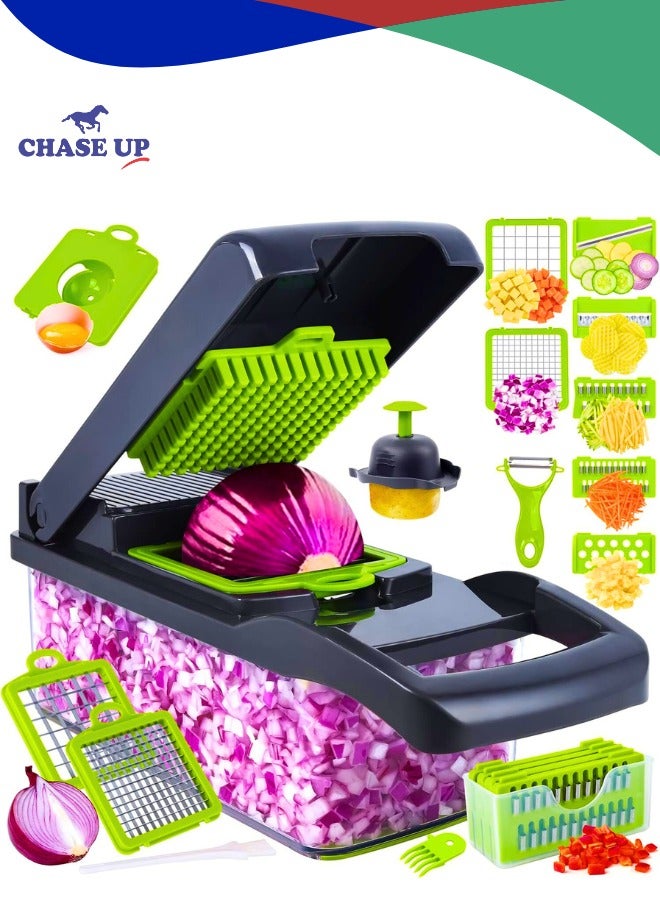 تشيس اب مفرمة خضراوات، مفرمة بصل احترافية، مفرمة طعام متعددة الوظائف 14 في 1، قطاعة خضراوات المطبخ، مفرمة خضراوات مع 8 شفرات، مفرمة جزر وثوم مع حاوية (رمادي)... - Image 1