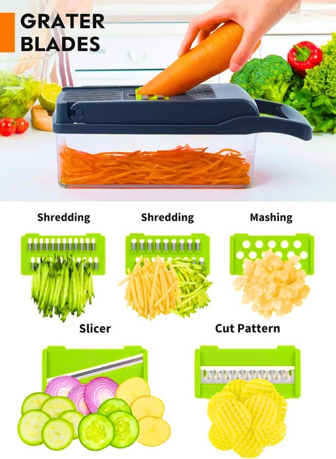 تشيس اب مفرمة خضراوات، مفرمة بصل احترافية، مفرمة طعام متعددة الوظائف 14 في 1، قطاعة خضراوات المطبخ، مفرمة خضراوات مع 8 شفرات، مفرمة جزر وثوم مع حاوية (رمادي)... - Image 3