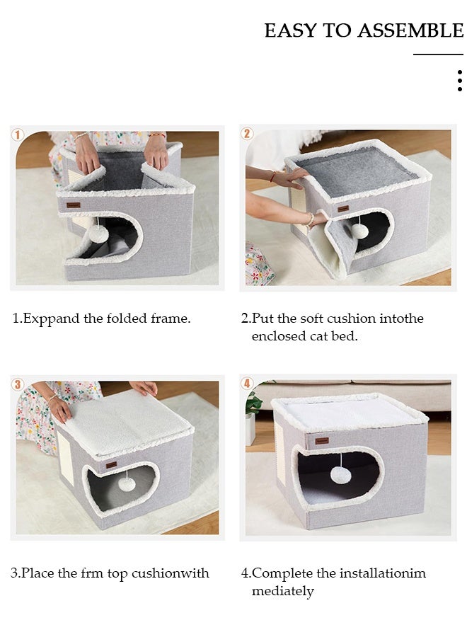 DUNISO بيت قطط كبير للقطط الداخلية، أسرّة قطط، كهف قطط كبير مع شقة مريحة، نافذة دائرية، بيت قطط داخلي قابل للطي مع وسادة خدش، مكان اختباء للقطط مع وسائد ناعمة مزدوجة الجوانب - Image 3