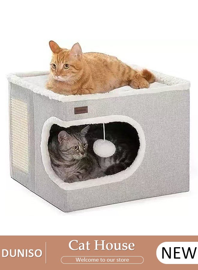 DUNISO بيت قطط كبير للقطط الداخلية، أسرّة قطط، كهف قطط كبير مع شقة مريحة، نافذة دائرية، بيت قطط داخلي قابل للطي مع وسادة خدش، مكان اختباء للقطط مع وسائد ناعمة مزدوجة الجوانب - Image 1