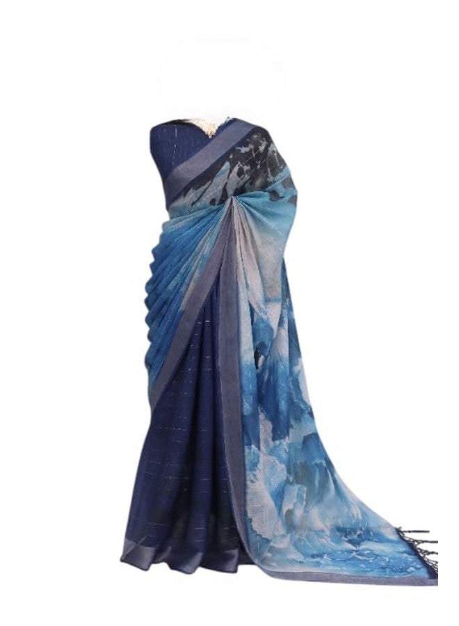 Women’s Pure Soft Linen Sarees With Unstitched Blouse Piece || Sarees For Women And Girls || Saree For Festival Party Wedding (Navy Blue) - Image 1