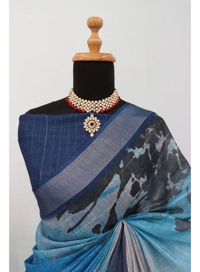 Women’s Pure Soft Linen Sarees With Unstitched Blouse Piece || Sarees For Women And Girls || Saree For Festival Party Wedding (Navy Blue) - Image 2