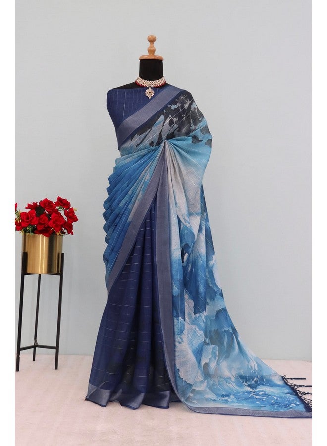 Women’s Pure Soft Linen Sarees With Unstitched Blouse Piece || Sarees For Women And Girls || Saree For Festival Party Wedding (Navy Blue) - Image 5