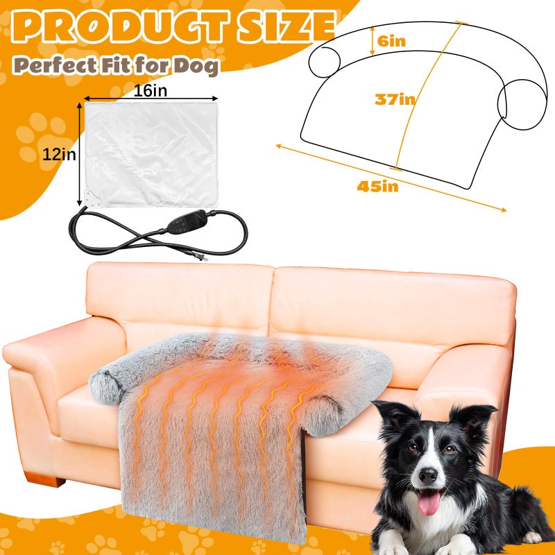 Grinsvalley Heated Dog Couch Bed for Large Size Dog Adjustable Temperature & Timer 45 x 37 x 6 in Calming Plush Fur Pet Bed Couch Cover with Electric Heating Pad Fluffy Plush Sofa Mat for Large Medium Dogs Cats - Image 2