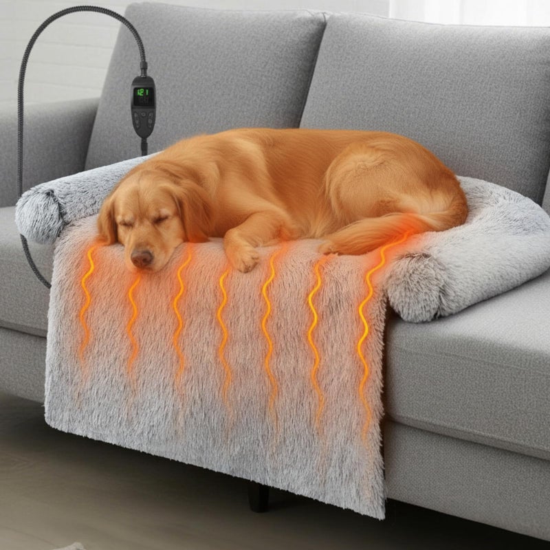 Grinsvalley Heated Dog Couch Bed for Large Size Dog Adjustable Temperature & Timer 45 x 37 x 6 in Calming Plush Fur Pet Bed Couch Cover with Electric Heating Pad Fluffy Plush Sofa Mat for Large Medium Dogs Cats - Image 1