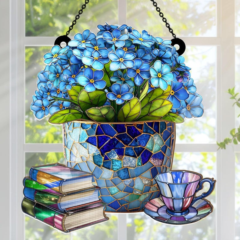 Jesuspirit - Window Hanging Suncatcher – Crystal Clear Acrylic & Wood Sun Catcher for Home Decor, for Women (Forget-Me-Not, Books, and Tea, 8 Inches) - Image 2