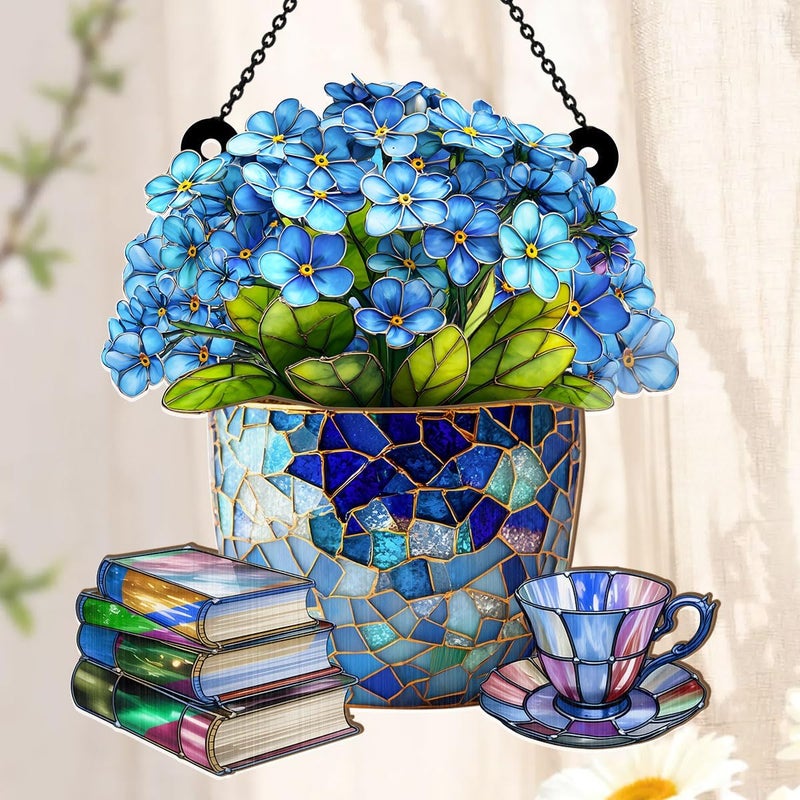 Jesuspirit - Window Hanging Suncatcher – Crystal Clear Acrylic & Wood Sun Catcher for Home Decor, for Women (Forget-Me-Not, Books, and Tea, 8 Inches) - Image 4