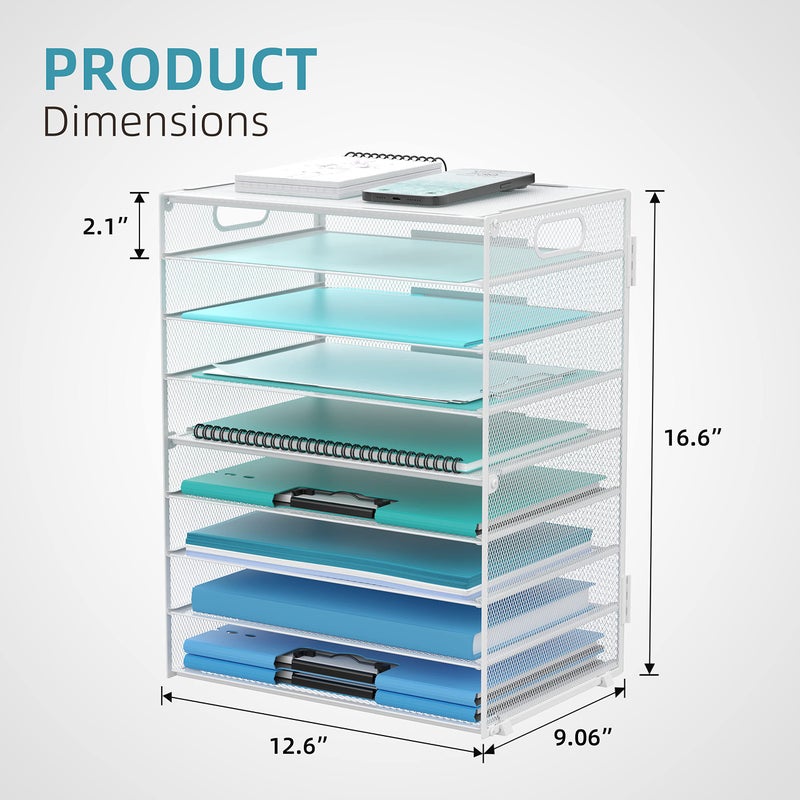 DALTACK 9-Tier Paper Letter Tray Desk Organizer with Handles, Mesh File Holder Organization, Paper Sorter Desk Organizer for Office Home School, White - Image 3