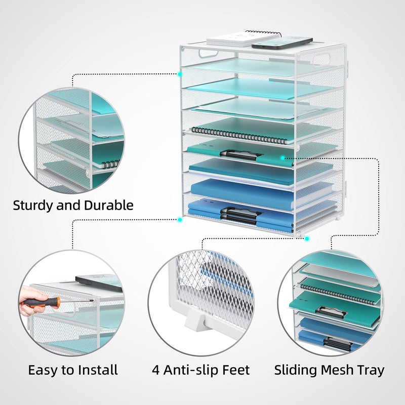 DALTACK 9-Tier Paper Letter Tray Desk Organizer with Handles, Mesh File Holder Organization, Paper Sorter Desk Organizer for Office Home School, White - Image 4