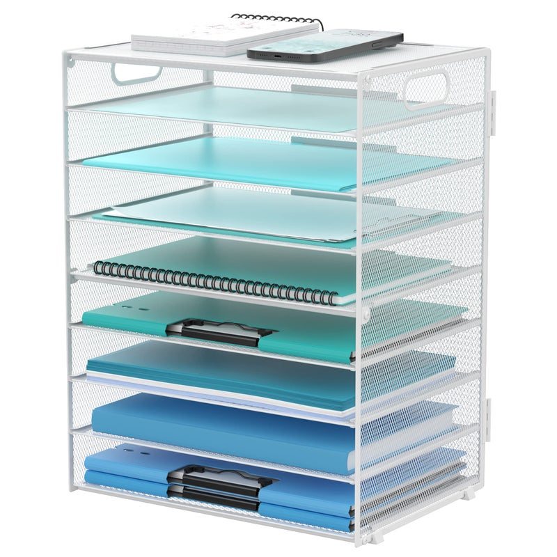 DALTACK 9-Tier Paper Letter Tray Desk Organizer with Handles, Mesh File Holder Organization, Paper Sorter Desk Organizer for Office Home School, White - Image 1