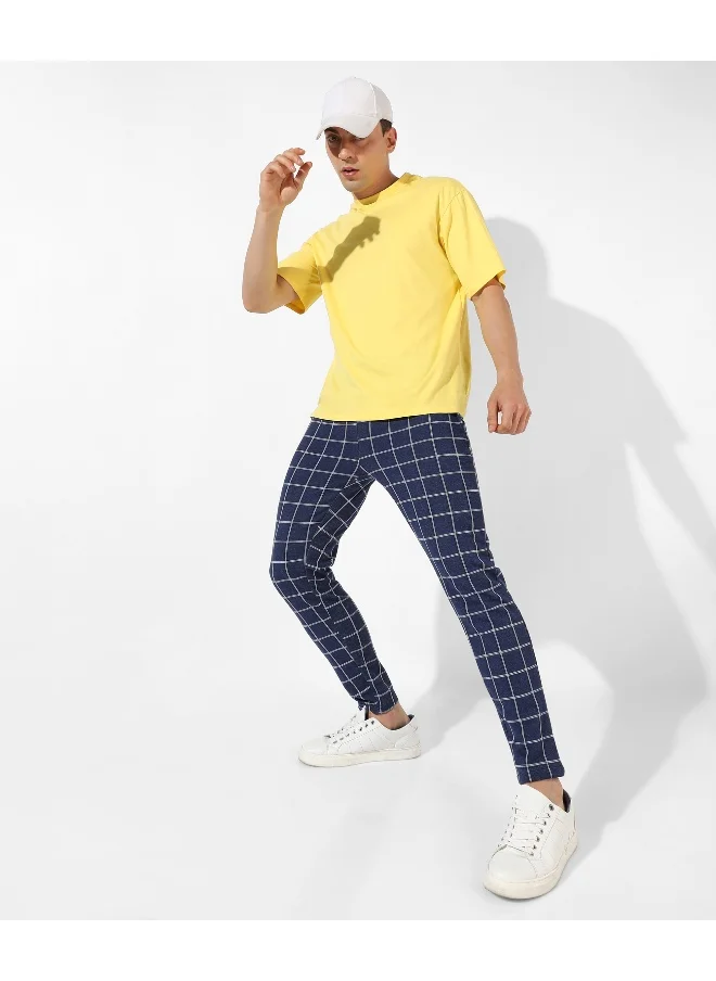 Campus Sutra Men's Dark Blue Checkered Regular Fit Trackpants