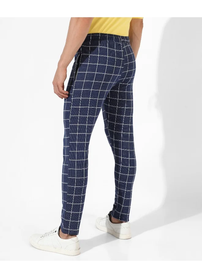 Campus Sutra Men's Dark Blue Checkered Regular Fit Trackpants