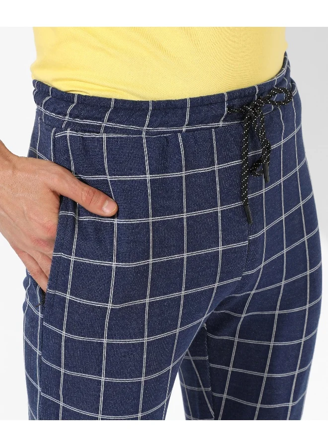 Campus Sutra Men's Dark Blue Checkered Regular Fit Trackpants
