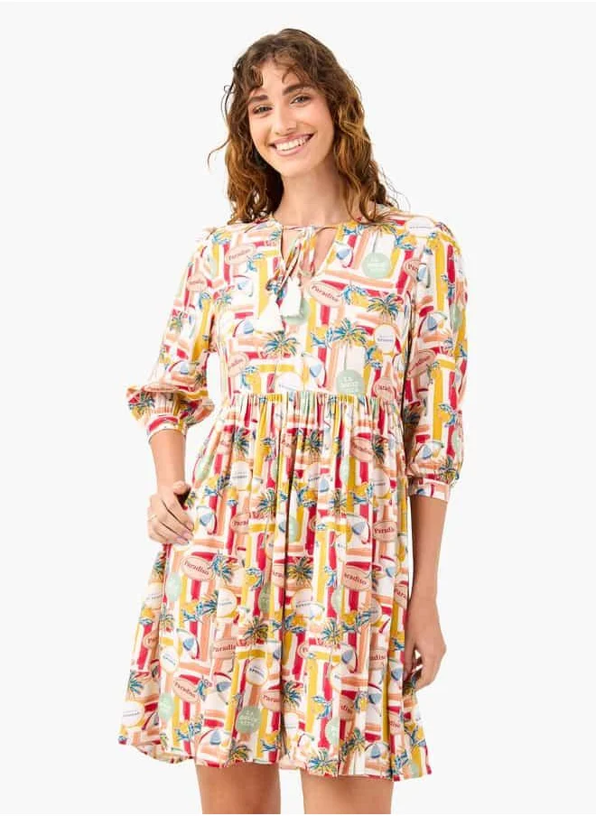 فاف Printed Coverup Dress with Tie-Up Neck and 3/4 Sleeves