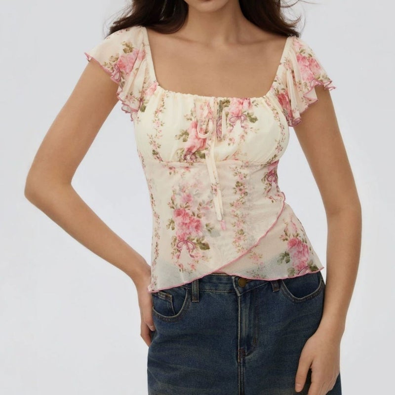 CME European-American Autumn Floral Print Square Neck Ruffle Sleeve Tie Waist Irregular Sweet Casual Top - Image 3