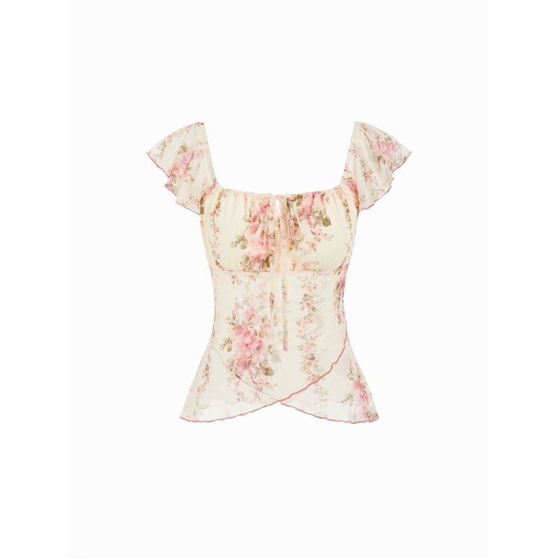 CME European-American Autumn Floral Print Square Neck Ruffle Sleeve Tie Waist Irregular Sweet Casual Top - Image 1