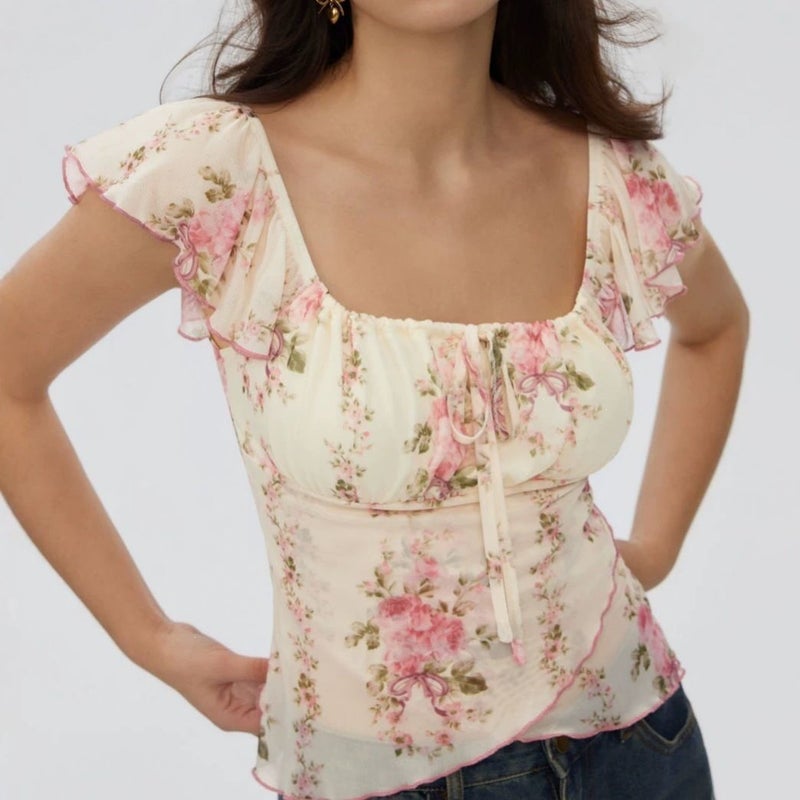 CME European-American Autumn Floral Print Square Neck Ruffle Sleeve Tie Waist Irregular Sweet Casual Top - Image 5