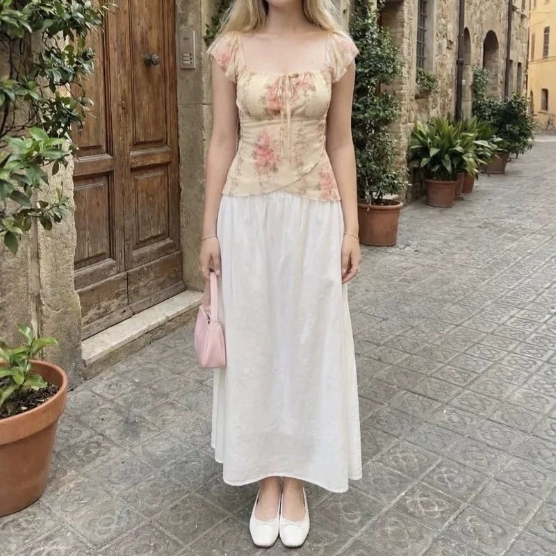 CME European-American Autumn Floral Print Square Neck Ruffle Sleeve Tie Waist Irregular Sweet Casual Top - Image 2