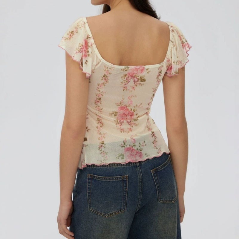 CME European-American Autumn Floral Print Square Neck Ruffle Sleeve Tie Waist Irregular Sweet Casual Top - Image 4