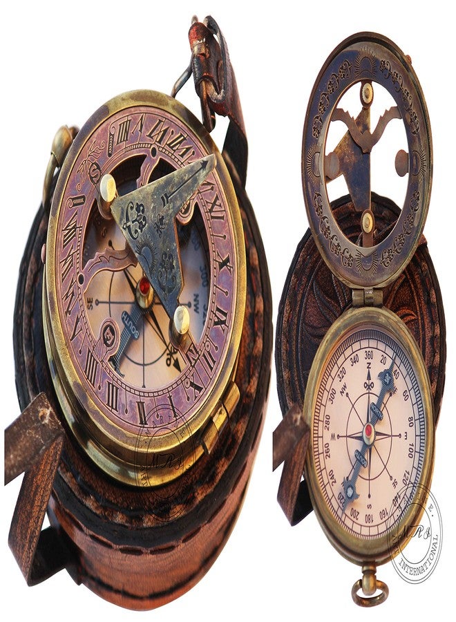 MAI Brass Sundial Compass Beautiful Gift Item with Leather Case - Sun Clock - Steampunk Accessory – Nautical Gift – Wedding Gifts for Him – Sundial Watch - Image 1