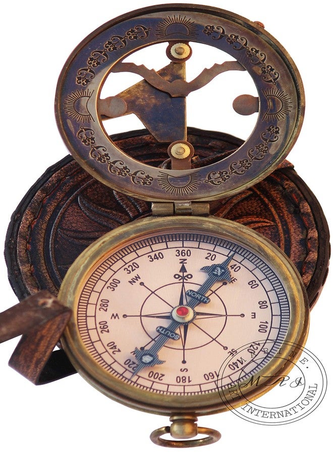 MAI Brass Sundial Compass Beautiful Gift Item with Leather Case - Sun Clock - Steampunk Accessory – Nautical Gift – Wedding Gifts for Him – Sundial Watch - Image 4