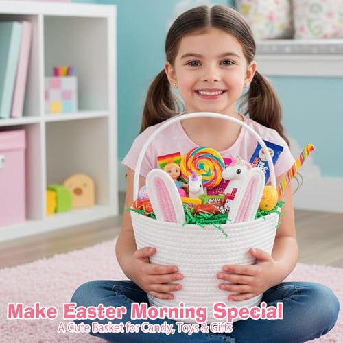 BEIYANA Easter Basket for Kids, Cute Bunny Easter Basket with Removable Ears & Writable Name Tag, Personalized Cotton Rope Woven Empty Easter Basket, First Easter Gift for Toddlers Boys Girls (Pink) - Image 4