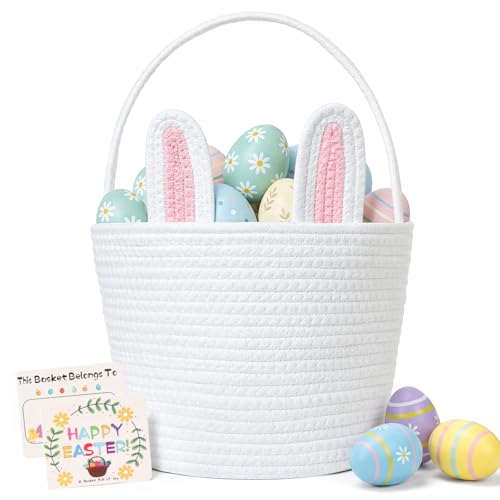 BEIYANA Easter Basket for Kids, Cute Bunny Easter Basket with Removable Ears & Writable Name Tag, Personalized Cotton Rope Woven Empty Easter Basket, First Easter Gift for Toddlers Boys Girls (Pink) - Image 1